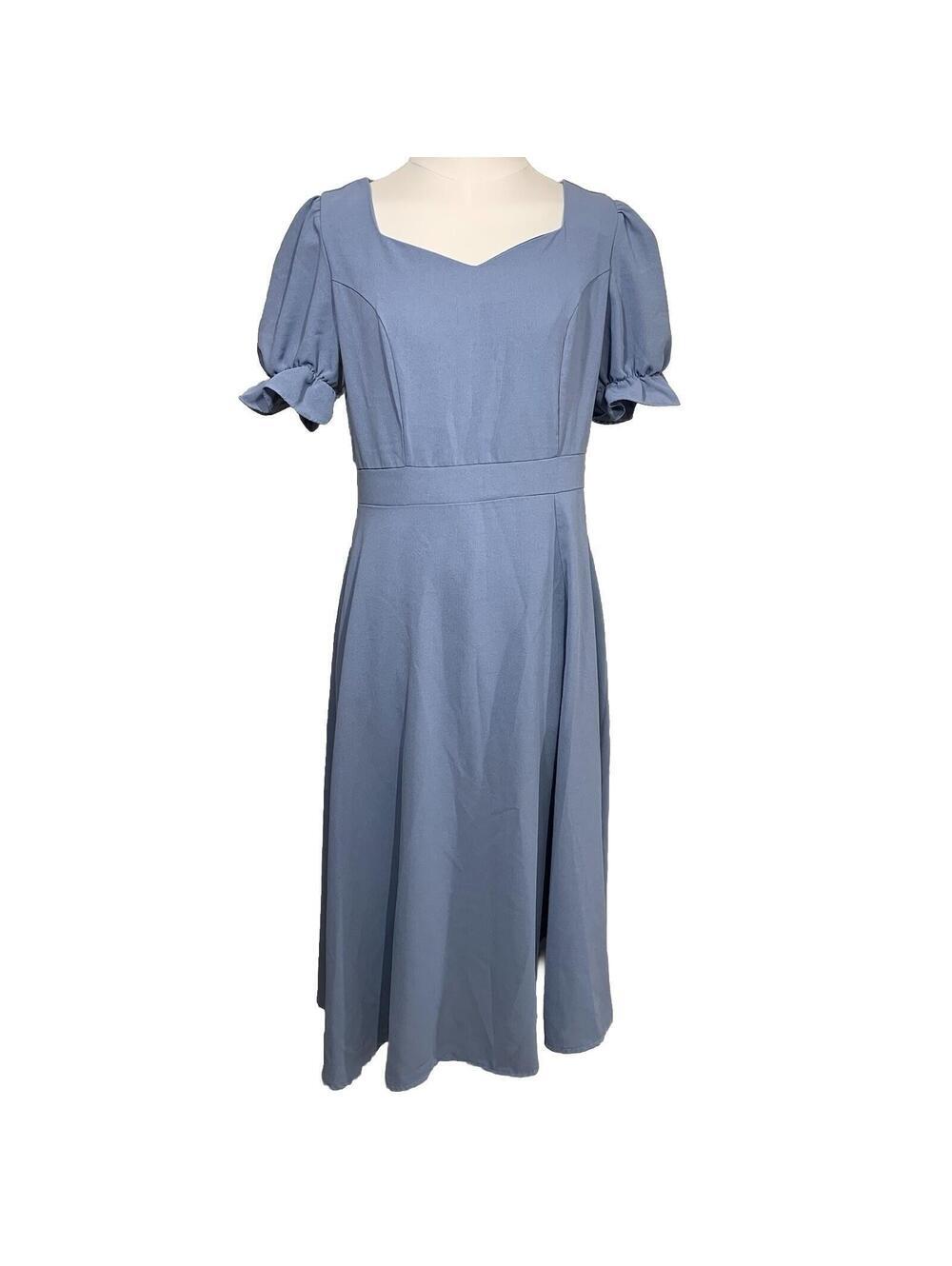 Dazy Midi Dress Womens Large Blue Sweetheart Puff Sleeve Ruffle A-Line